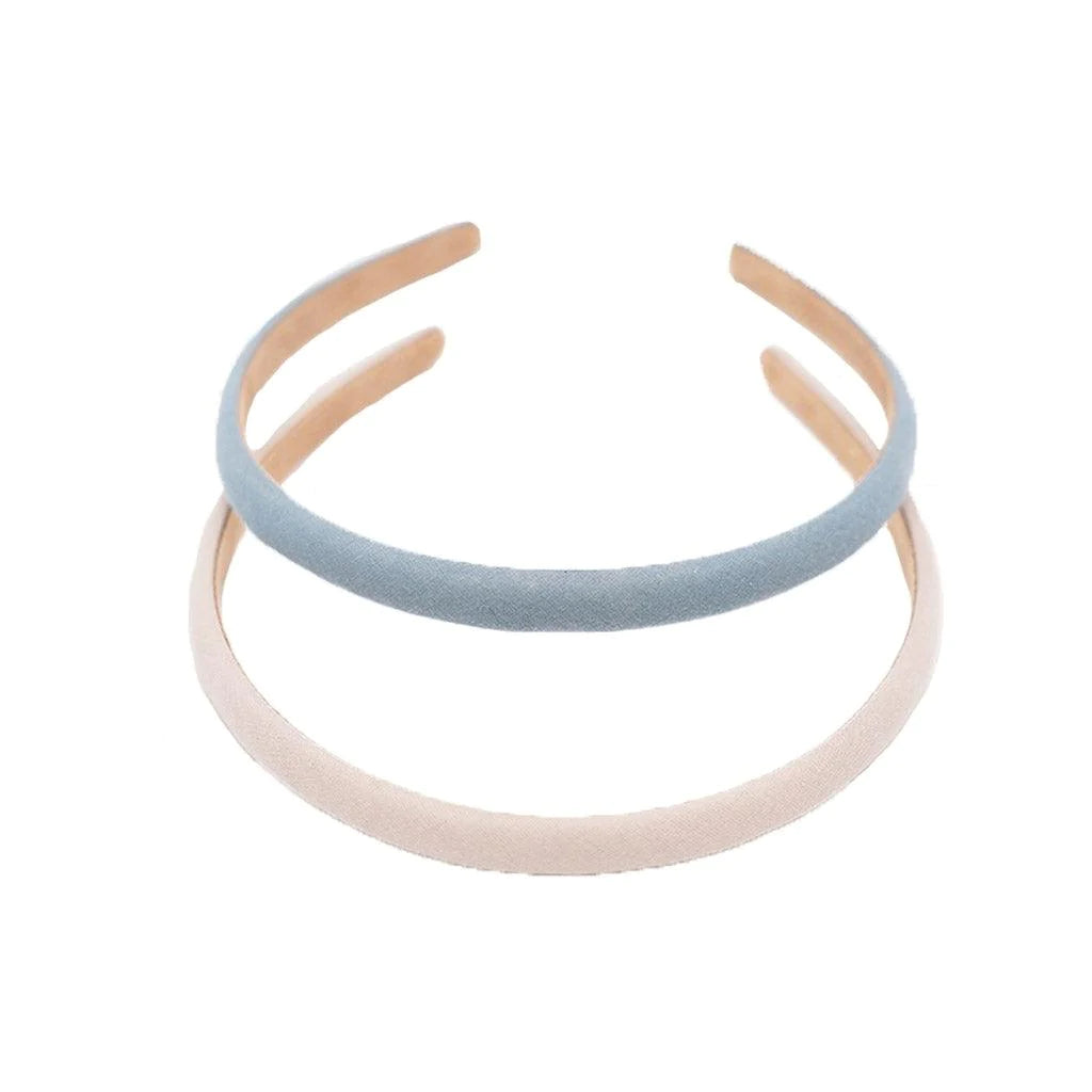 Two children's headbands on a white background. One is pale grey and the other is sky blue.