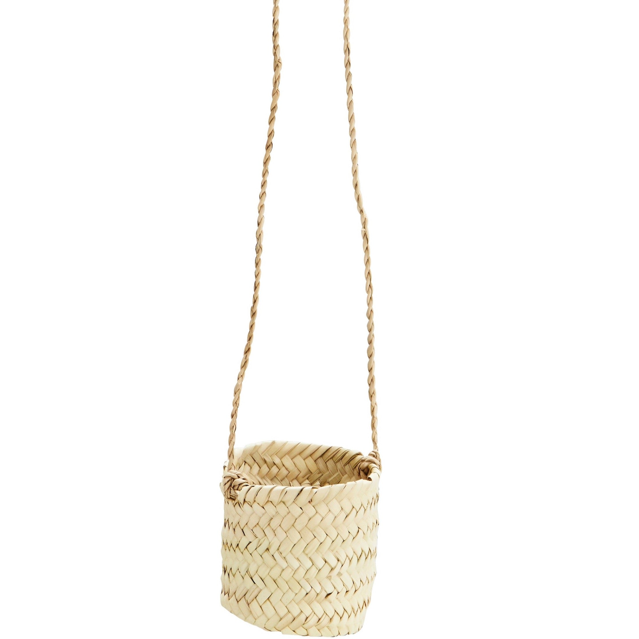 Grass woven hanging basket with a long hanging strap on a plain white background.