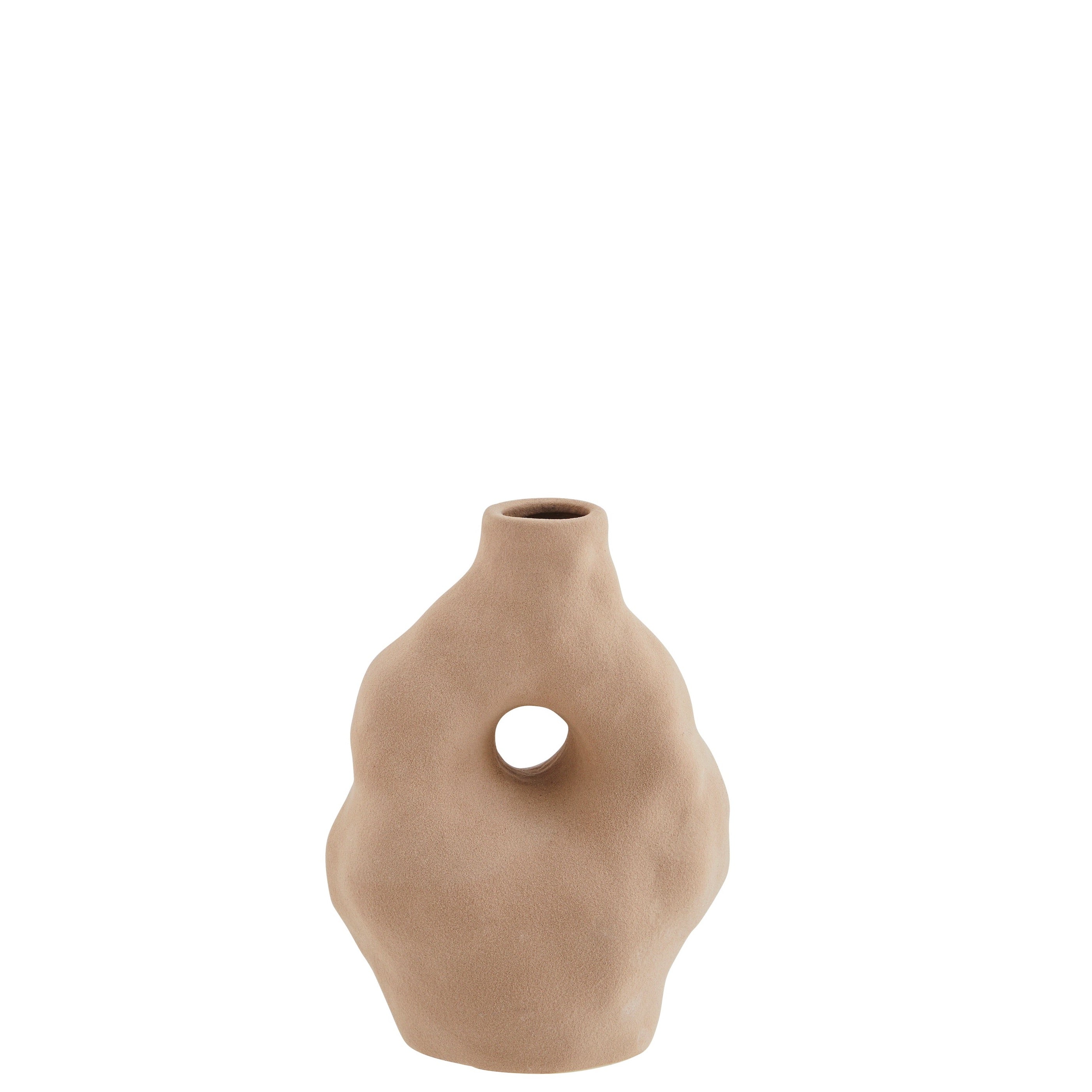 Irregular shaped vase with a narrow opening and a hole in the middle. This vase is sandstone in colour with a textured matt finish.